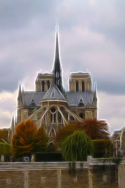 パリのノートルダム大聖堂を垣間見るデジタルカラー絵画スタイル — ストック写真