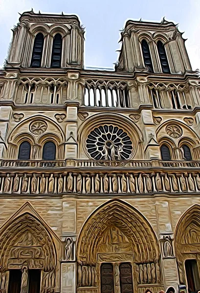 Dijital Renk Boyama Tarzı Paris Teki Notre Dame Katedralinin Cephelerinden — Stok fotoğraf