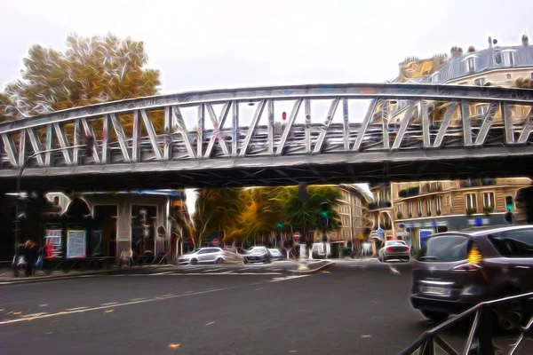 Peinture Numérique Couleur Représentant Pont Fer Sur Une Rue Dans — Photo