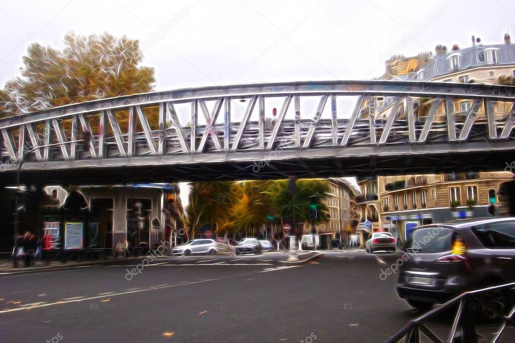 Digital color painting style representing an iron bridge over a street in one of the historic districts of Paris