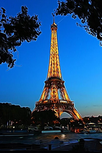 Estilo Pintura Cores Digital Representando Torre Eiffel Vista Sena Uma — Fotografia de Stock