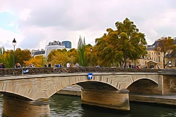 Cyfrowy Obraz Kolorystyczny Przedstawiający Jeden Mostów Paryża Jesienią — Zdjęcie stockowe