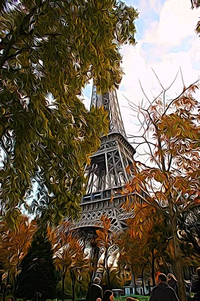 Цифровая живопись, представляющая собой вид Эйфелевой башни, которую можно увидеть среди деревьев — стоковое фото