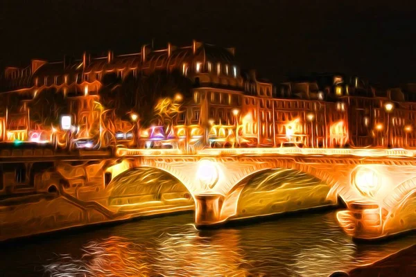 Цифровий живопис, що зображає один з паризьких мостів вночі. — стокове фото