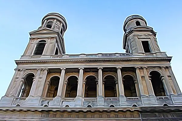 描绘巴黎市中心一座教堂的数字绘画 — 图库照片
