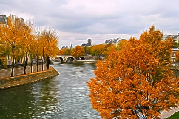秋のパリの中心部を横断するセーヌ川を垣間見るデジタル絵画 — ストック写真