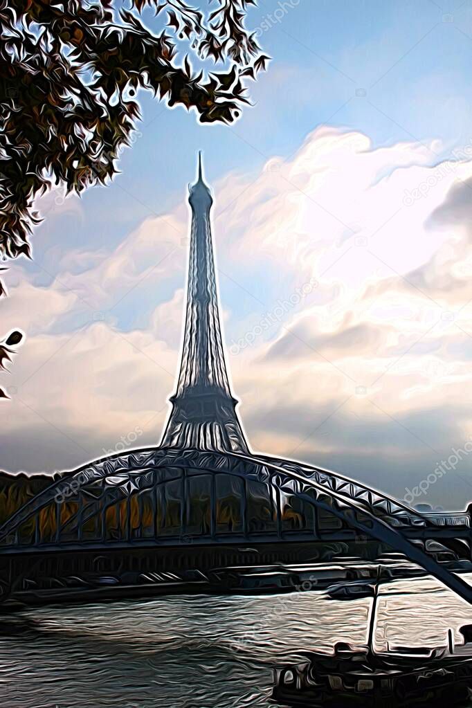 Digital color painting style representing the Eiffel Tower seen from the other side of the Seine on an autumn afternoon