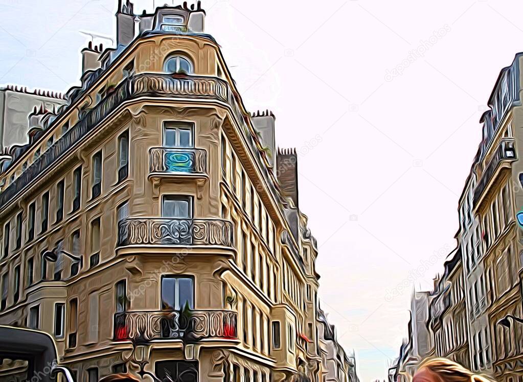 Digital painting that represents a glimpse of the historic buildings in the center of Paris