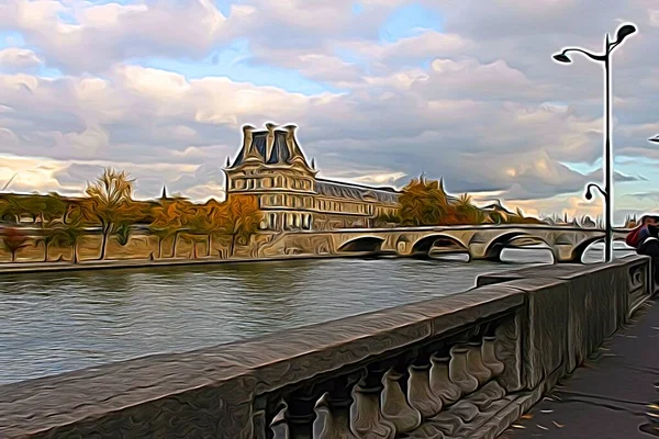 Dijital Boyama Stili Tarihi Bir Binayı Paris Teki Seine Nehri — Stok fotoğraf