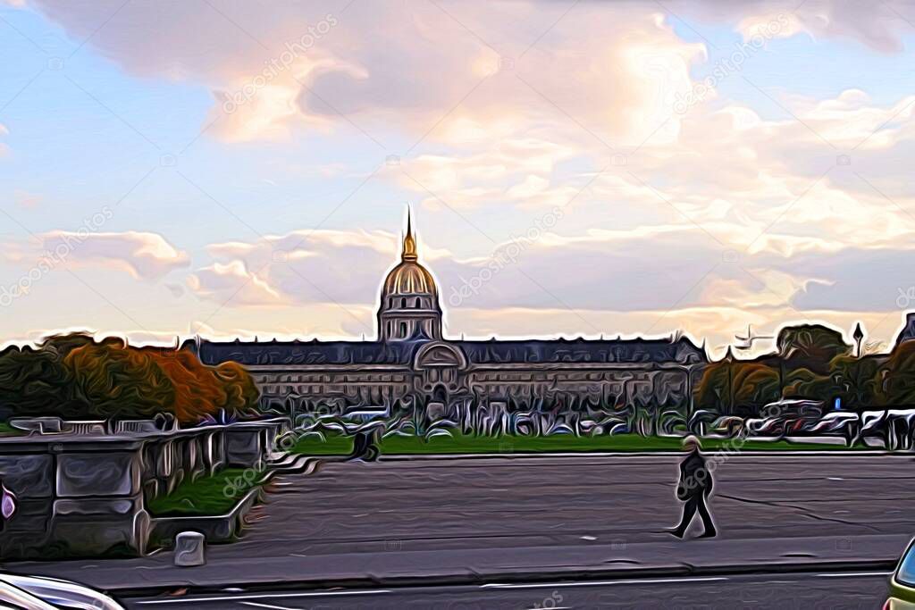 Digital color painting style that represents a glimpse of one of the historic buildings of Paris during the autumn