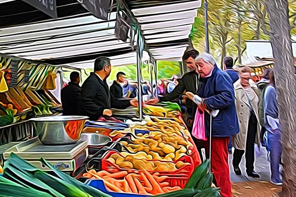 Digitale Farbmalerei Stil Der Gemüse Zum Verkauf Auf Dem Straßenmarkt — Stockfoto