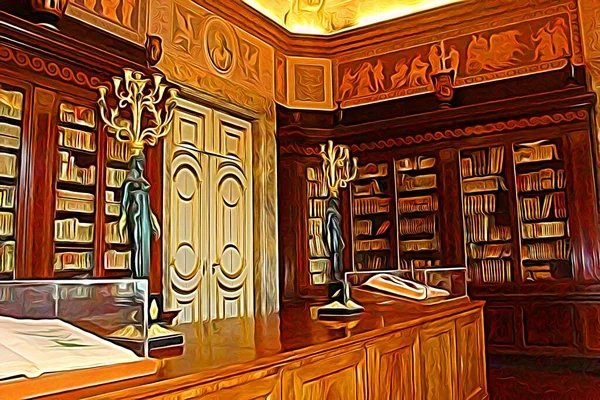 Digital color painting style that represents a part of the eighteenth-century library on the outskirts of Naples