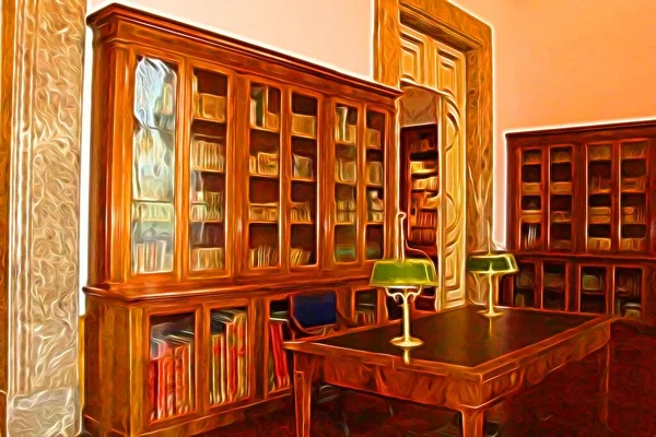 Digital color painting style that represents a part of the eighteenth-century library on the outskirts of Naples