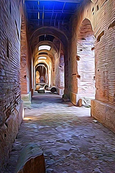 Digital color painting style representing the undergrounds of the ancient Roman ruins on the outskirts of Naples