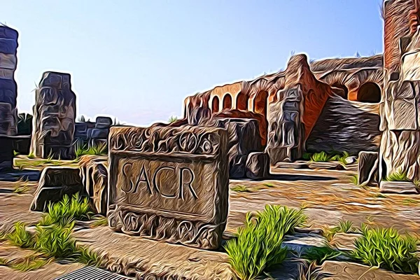 Digital color painting style that represents a glimpse of the ancient Roman ruins on the outskirts of Naples