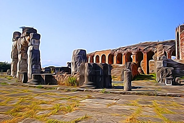 Digital color painting style that represents a glimpse of the ancient Roman ruins on the outskirts of Naples