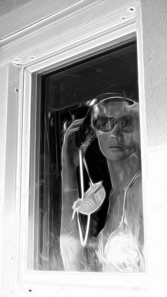 Digital black and white painting style representing a mannequin in a window wearing a bikini, sunglasses and an anti-contagion mask hanging from one hand