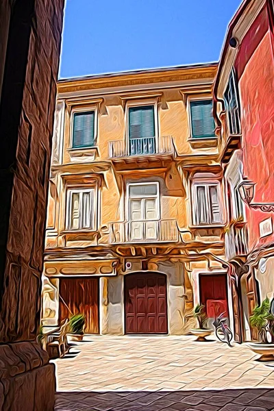 Digital color painting style that represents a square in a historic center on the outskirts of Naples
