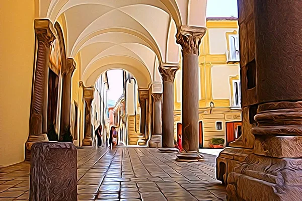 Dipinto Digitale Colori Che Rappresenta Portico Antica Chiesa Centro Storico — Foto Stock