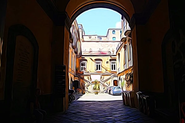 Digital color painting style that represents a glimpse of a historic building in the center of Naples
