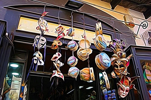 Digitale Farbmalerei Stil Der Masken Und Tamburine Hängen Historischen Zentrum — Stockfoto