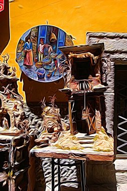 Napoli 'nin tarihi merkezinde bir doğum sahnesi ve tef temsil eden dijital renk boyama stili