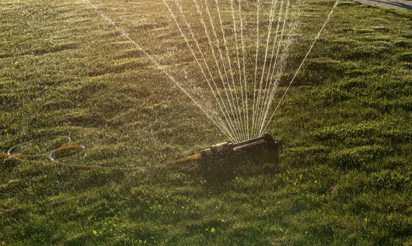 便携式 节水的金属臂振动式洒水器 向公共街道的草地喷出水扇 夏天用可调振动式洒水机在城市中浇灌草坪 — 图库照片