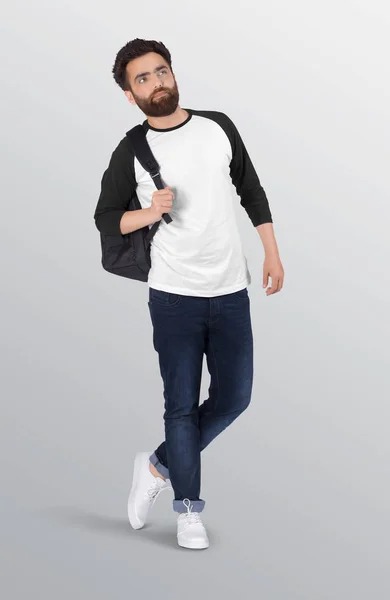 Caminhada Modelo Masculino Vestindo Branco Preto Raglan Camisa Lisa Calça — Fotografia de Stock