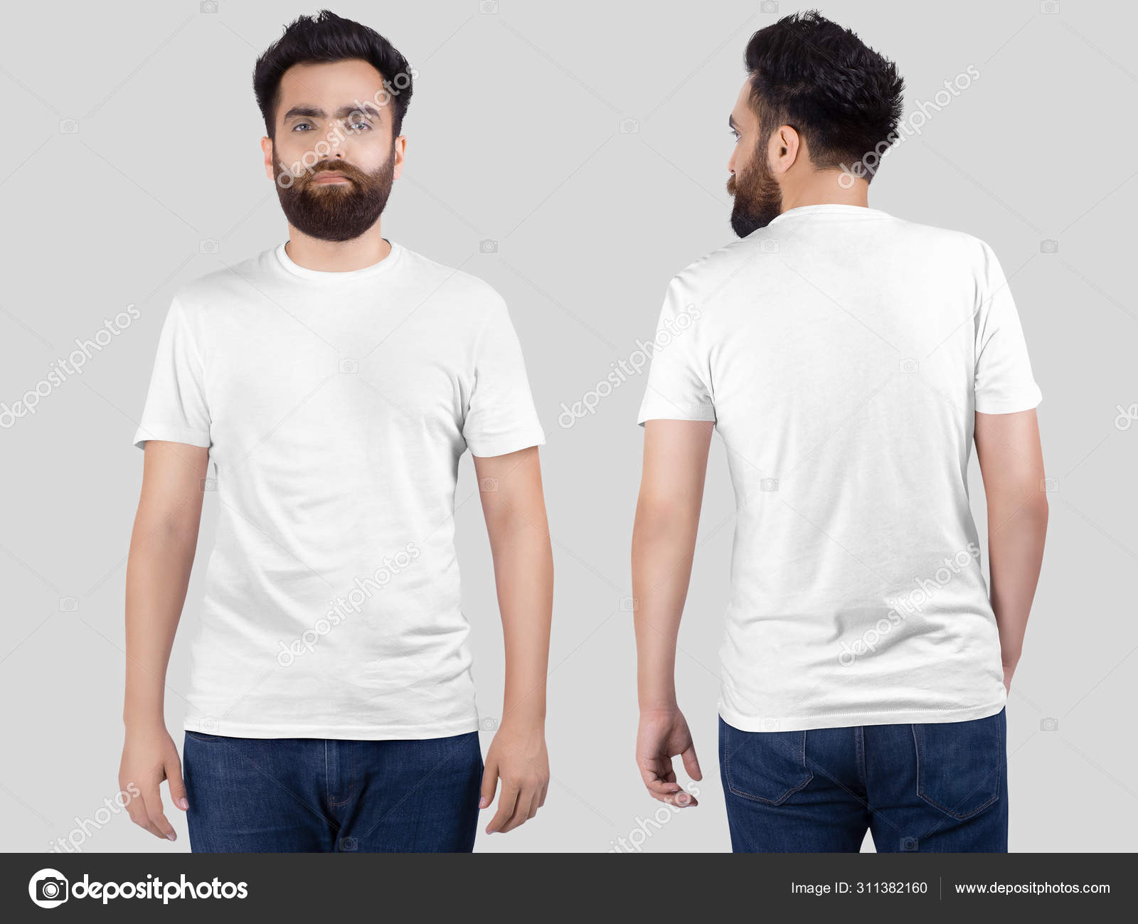 Front Rear View Male Model Wearing White Plain Crew Neck Stock Photo by ...