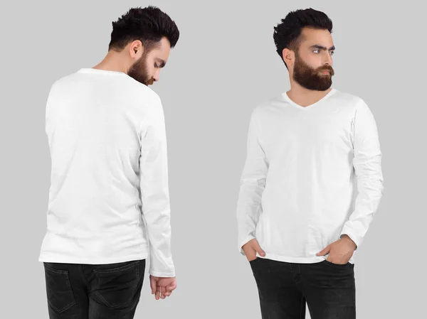 Voor Achteraanzicht Van Mannelijk Model Met Witte Effen Shirt Met — Stockfoto