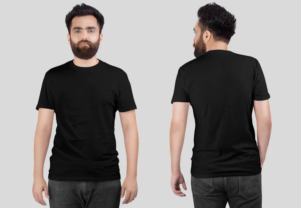 Vorder Und Rückansicht Eines Männlichen Modells Das Ein Schwarzes Shirt — Stockfoto