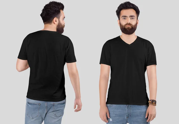 Vista Frontal Trasera Del Modelo Masculino Con Camiseta Negra Cuello —  Fotos de Stock