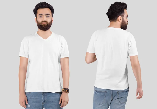 Voor Achteraanzicht Van Mannelijk Model Met Wit Effen Hals Shirt — Stockfoto