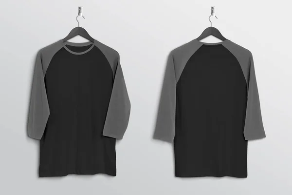 Hanging Plain Black Grey Raglan Shirt Wall Front Back View — Stockfoto