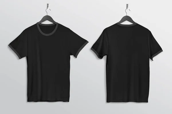 Hanging Plain Black Ringer Shirt Wall Front Back View Isolated — Zdjęcie stockowe