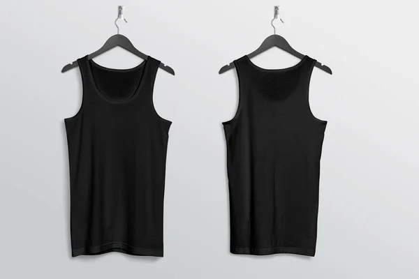 Hanging Plain Black Tank Top Shirt Wall Front Back View — Stockfoto