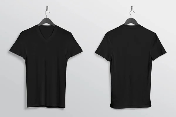 Camiseta Cuello Negro Liso Colgante Pared Vista Frontal Trasera Fondo — Foto de Stock