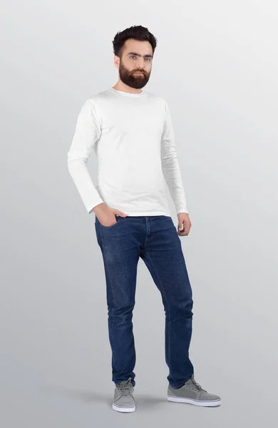 Standing Bearded Man White Plain Crew Neck Long Sleeve Shirt — Stock Photo, Image