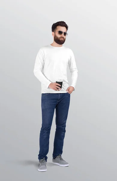 Homem Barbudo Branco Planície Tripulação Pescoço Camisa Manga Comprida Vestindo — Fotografia de Stock