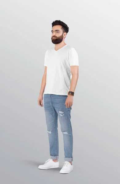 Camiseta Pie Modelo Masculino Con Cuello Blanco Liso Pantalón Vaquero — Foto de Stock