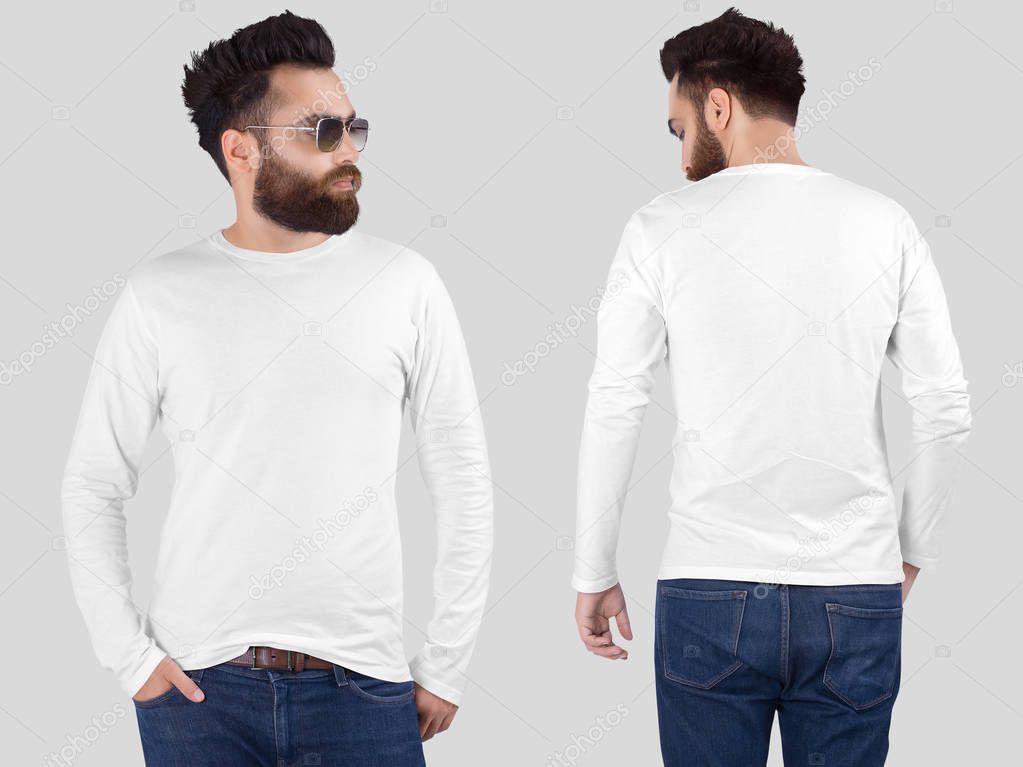 Front and rear view of male model wearing white plain crew neck long sleeve shirt in denim jeans pant. isolated background. Closeup 