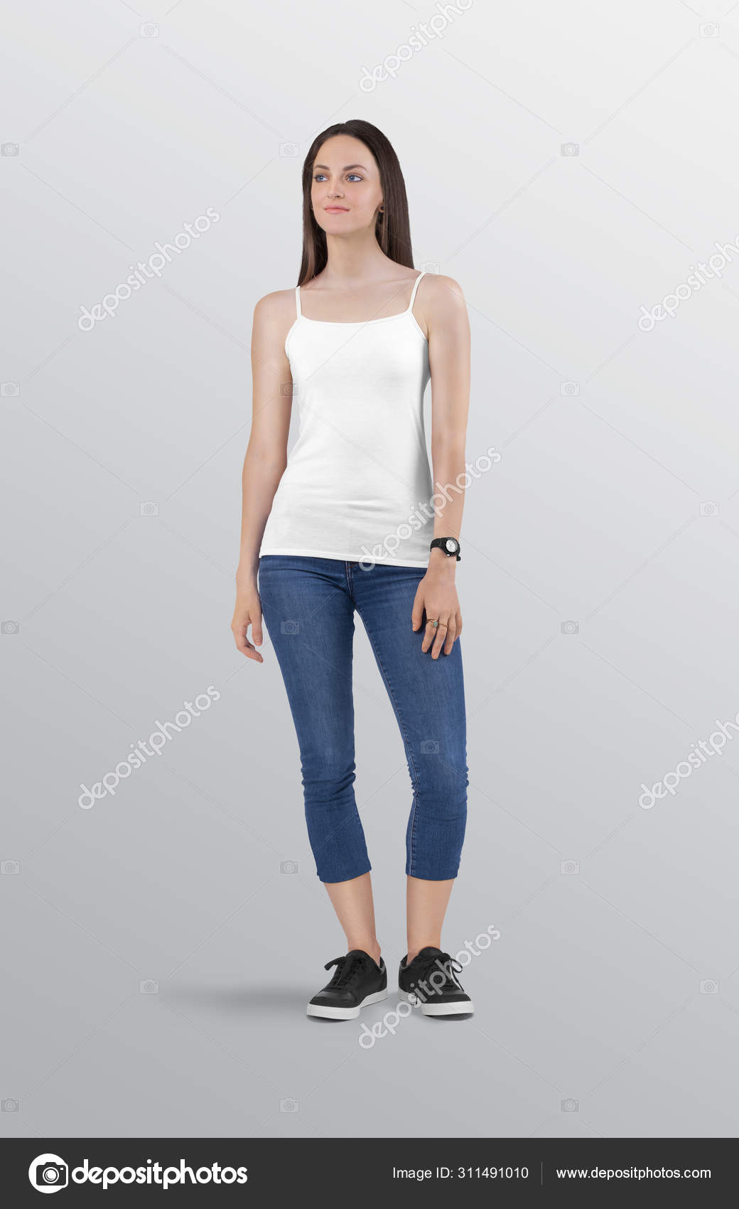 Standing Beautiful Female Model Plain White Camisole Shirt Wearing