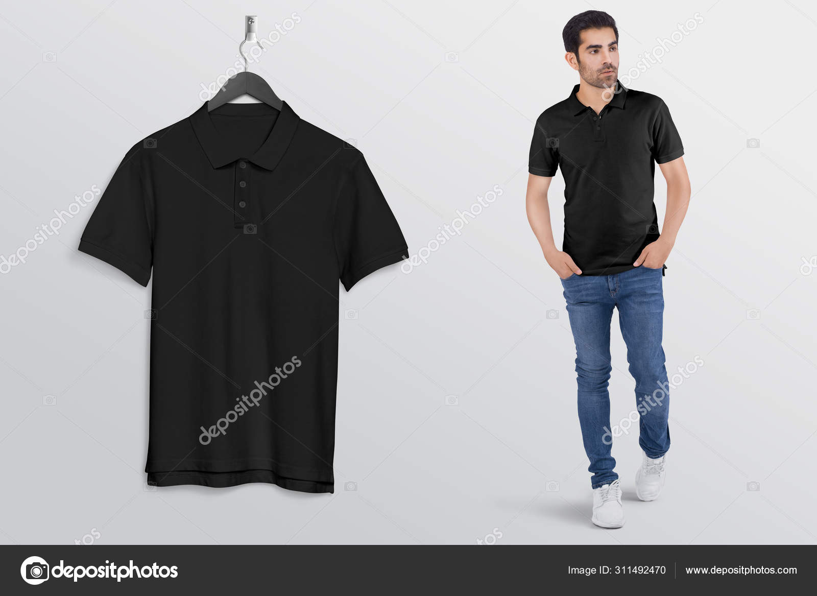 Hanging Black Plain Polo Shirt Wall Male Model Blue Denim Stock Photo C Pixpinemockups