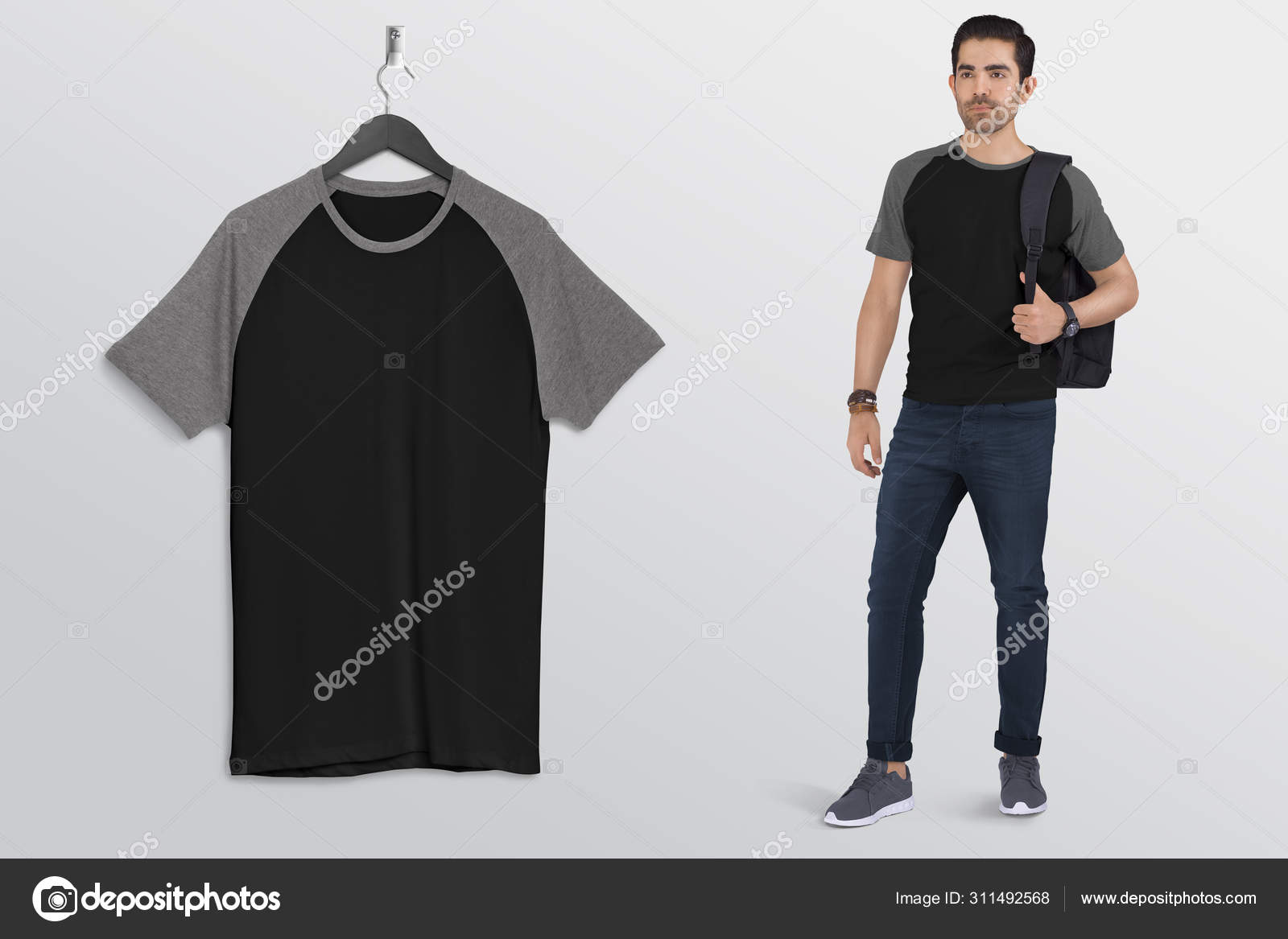 grey shirt with dark blue jeans