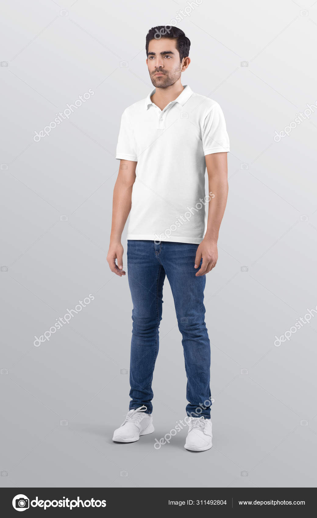 white polo shirt and blue jeans