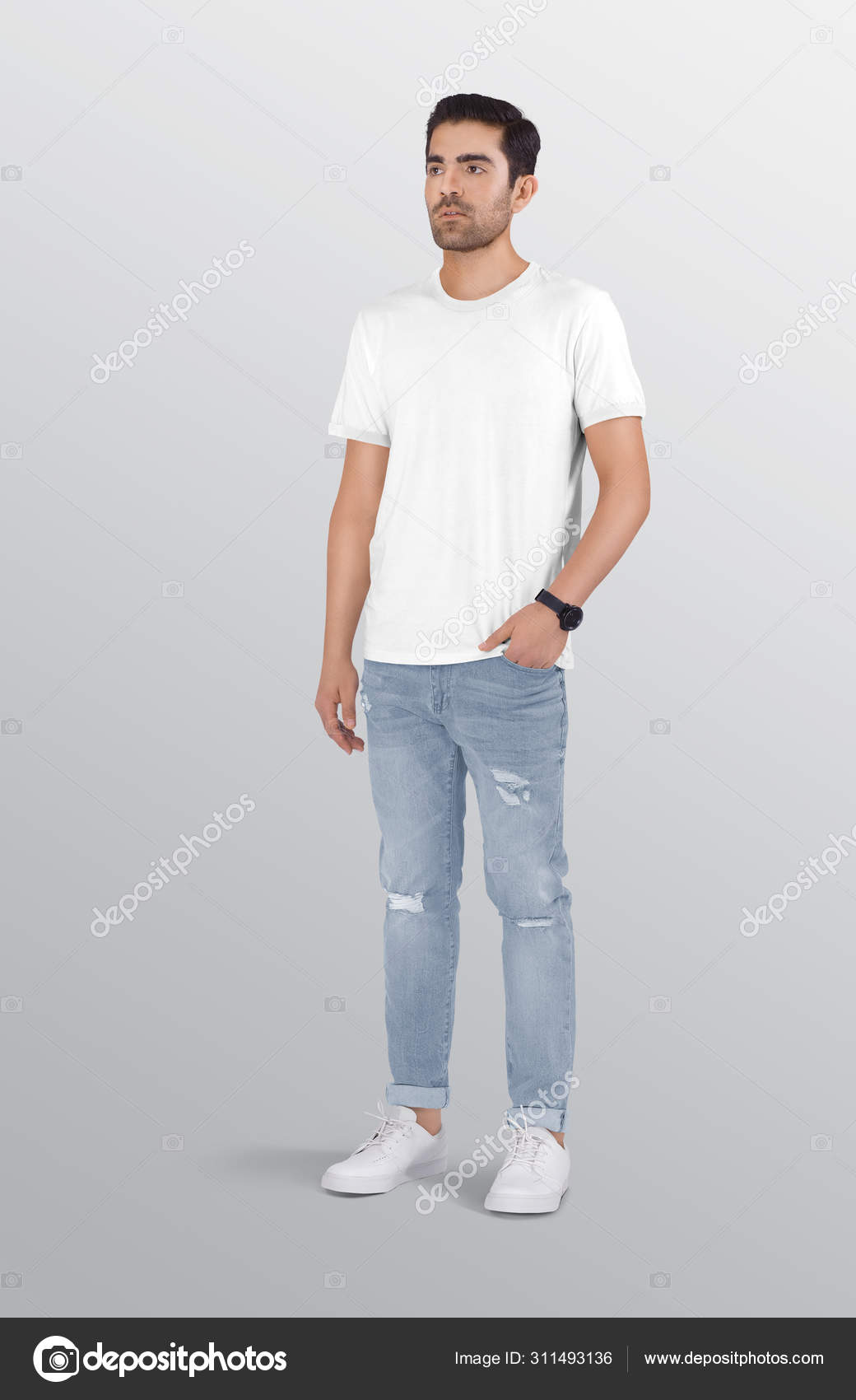 Grijpen Nieuwsgierigheid Publiciteit Standing Male Model Wearing White Plain Shirt Blue Ripped Denim Stock Photo  by ©PixpineMockups 311493136