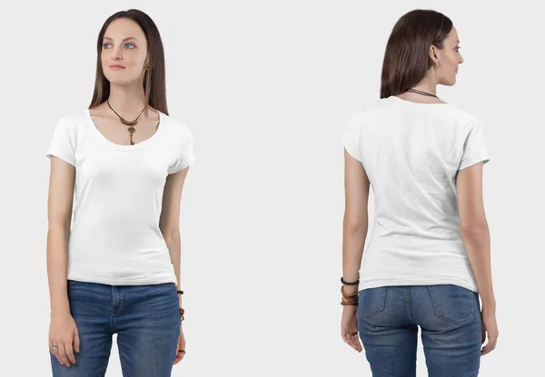 Voor Achteraanzicht Van Mooi Staand Vrouwelijk Model Wit Effen Shirt — Stockfoto