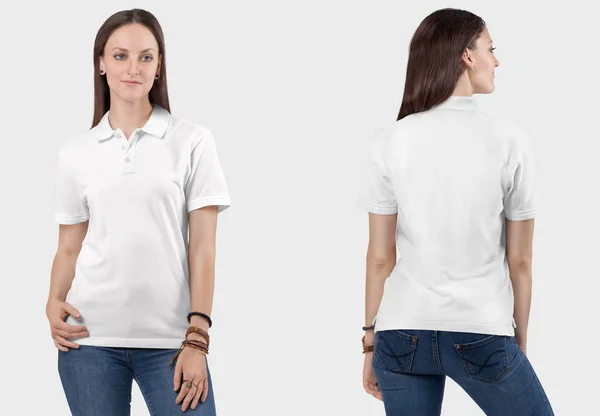 Vista Frontal Traseira Bela Modelo Feminina Vestindo Camisa Branca Simples — Fotografia de Stock