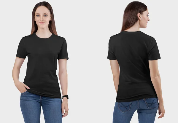 Vista Frontal Trasera Hermosa Modelo Femenina Pie Con Camiseta Negra — Foto de Stock