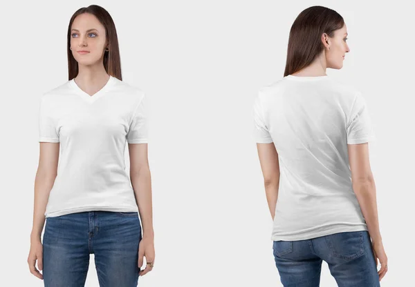 Vista Frontal Trasera Hermosa Modelo Femenina Pie Con Una Camiseta — Foto de Stock